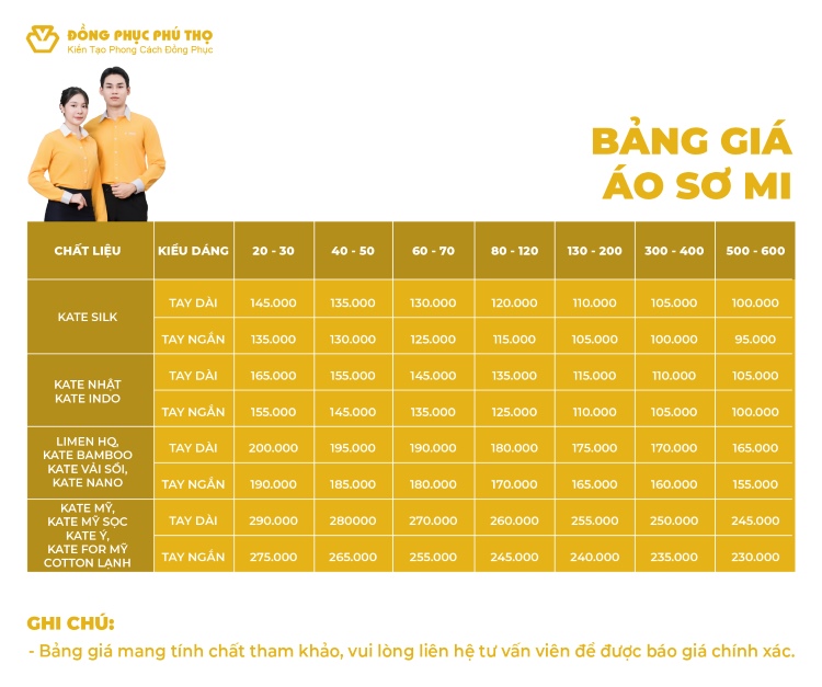 bảng giá may áo sơ mi đồng phục