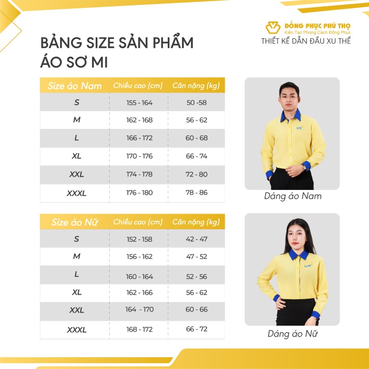 bảng size áo sơ mi đồng phục nam nữ