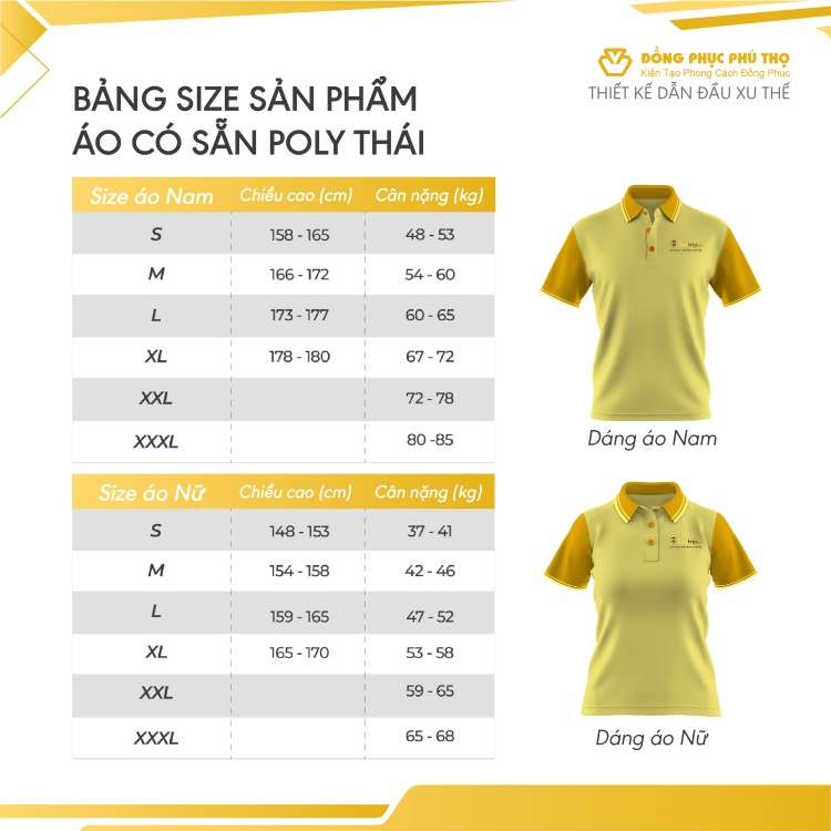 bảng size áo thun poly thái đồng phục có sẵn