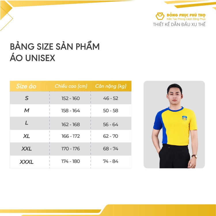 bảng size áo thun unisex đồng phục